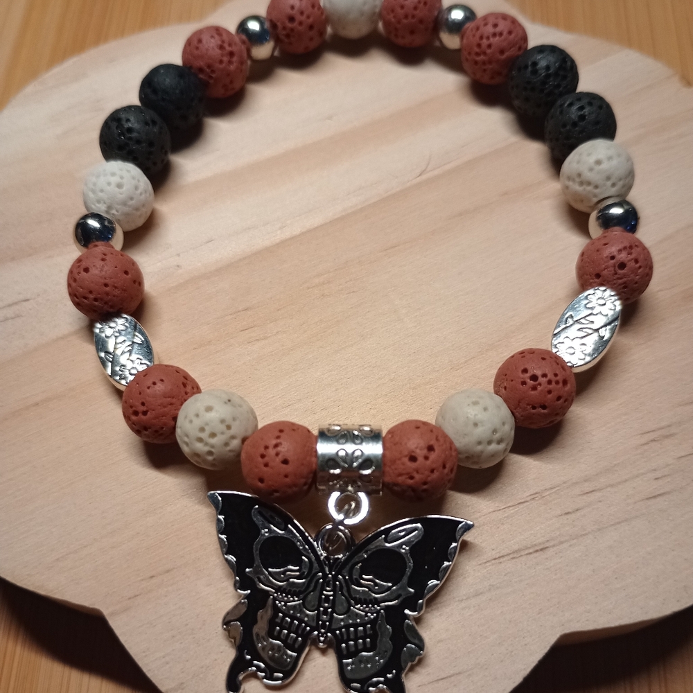 Gothic Butterfly Charm And Lava Stone Beaded Bracelet - Terracotta, Cream &Black